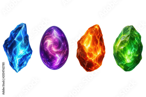 Glowing magic stones with dynamic light effects isolated transparent