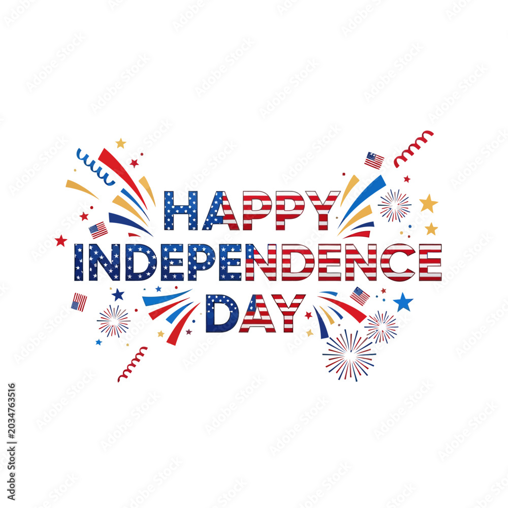 Obraz premium Happy Independence Day USA Celebration Text with Fireworks and Confetti