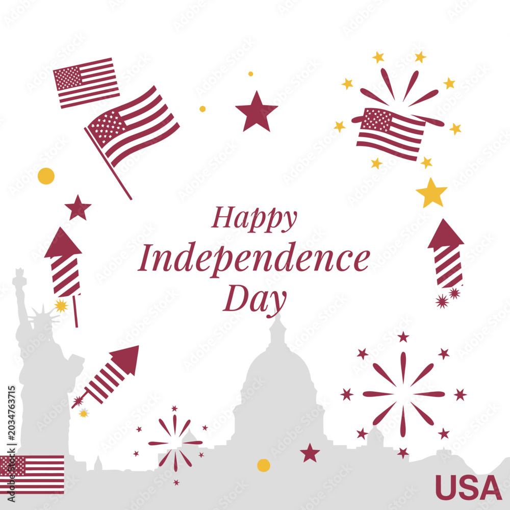 Obraz premium USA Independence Day Celebration with Fireworks, Flags, and Landmarks