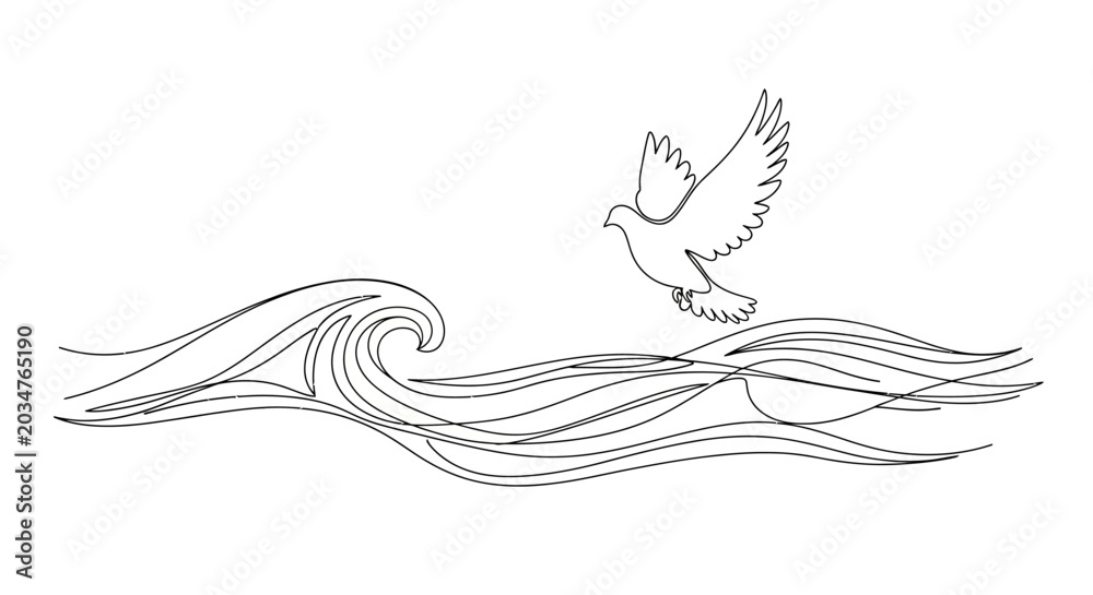 Fototapeta premium Dove flying over ocean waves, line art illustration