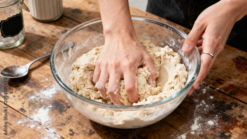 Fototapeta premium A person kneads dough in a glass bowl on a wooden table with a spoon nearby.
