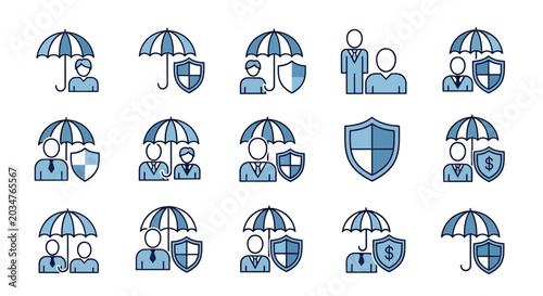 Set of blue line icons showing people under umbrellas with shields, representing protection and safety in communal spaces.