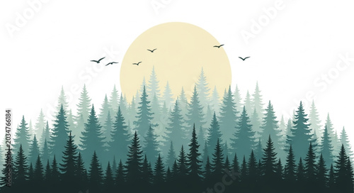 Obraz na plátně Vast Evergreen Forest Under a Large Yellow Sun with Birds Flying.