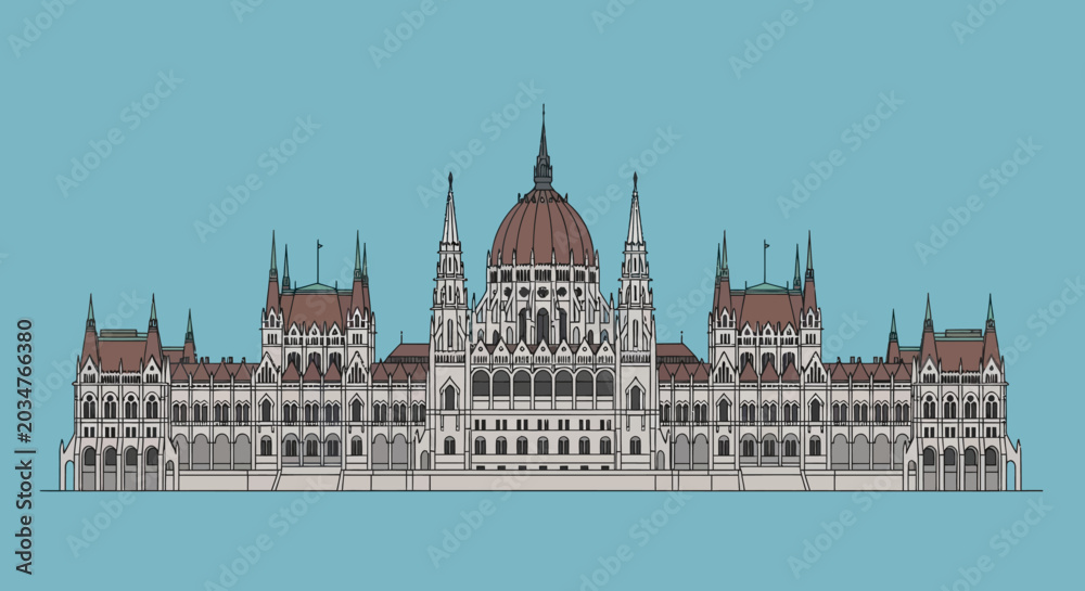 Fototapeta premium Budapest Parliament Building Facade Outline Illustration
