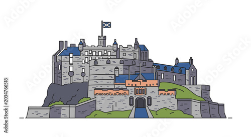 Schilderij op canvas Edinburgh Castle illustration, Scotland landmark, flat design, Scottish flag on