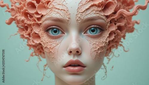 Detailed red lace mask-like headdress covering face with bold blue eyes and pale skin in soft light