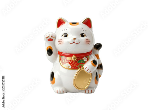 Lucky white ceramic cat figurine with red collar and gold coin on transparent background
