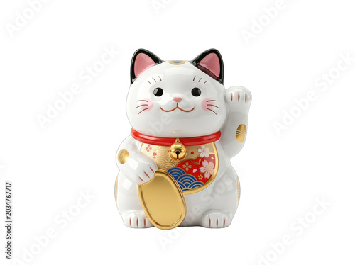 Lucky white cat figurine with red collar and gold coins isolated on transparent background
