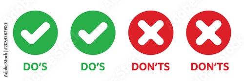 Fotografie Dos and donts icon set with Green Check Marks and Red Cross symbols for Rules Guidance Permission and Prohibition design