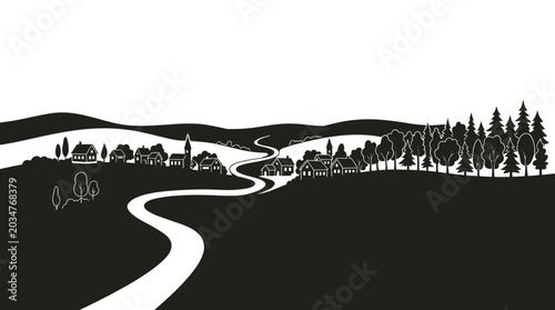 Minimalist black and white landscape illustration with village and winding road.