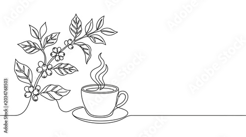 Canvastavla Continuous line art of coffee plant branch and hot cup of coffee.