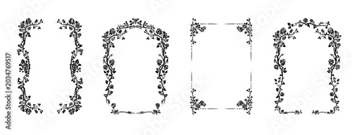 Set of floral frames with roses in hand-drawn vintage style