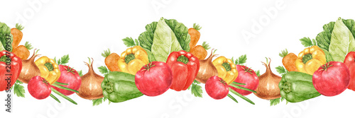 Foto Tomatoes, peppers, onions and cabbage watercolor seamless border in decorative arrangement