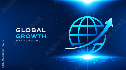 Fotografía Global growth vector banner with abstract blue digital earth globe icon and rising up arrow