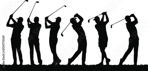 Cuadro en lienzo golfers silhouette set with various swing poses and clubs featuring sports, golf