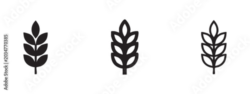 Wheat ear or grain icon set in solid, outline, and thick line styles, representing agriculture, food, and harvest.