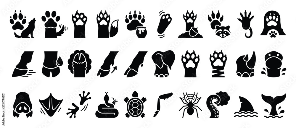 Fototapeta premium Set of animal tracks icons. Paw print, wolf, fox, bear, raccoon, tiger, dog, cat. Hoof, deer, cow, horse, pig, rhinoceros, elephant. Snake, turtle, spider, octopus, shark, whale tail, bat, duck,
