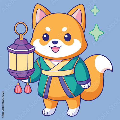Cute Fox Holding Lantern Cartoon Vector Illustration