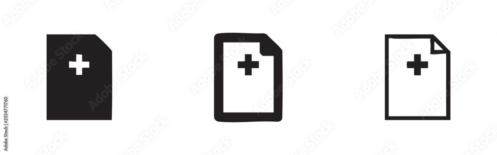 Fototapeta premium Medical record document icon set. Health care file symbol in three styles.