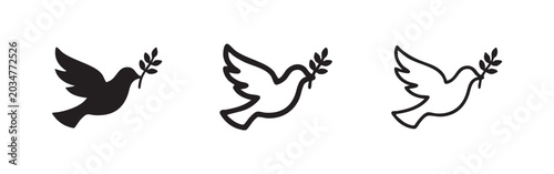 Картината върху платно Three dove with olive branch icons: solid black, outline filled, and outline