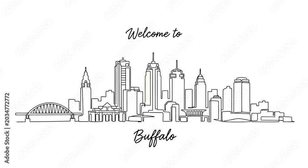 Fototapeta premium Buffalo Skyline, NY - Continuous Line Art, Cityscape, Welcome Sign