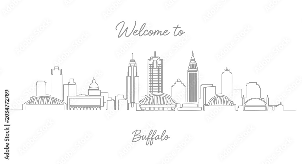 Obraz premium Buffalo Skyline, Welcome Sign Graphic, Cityscape Line Art, Monochrome Illustration