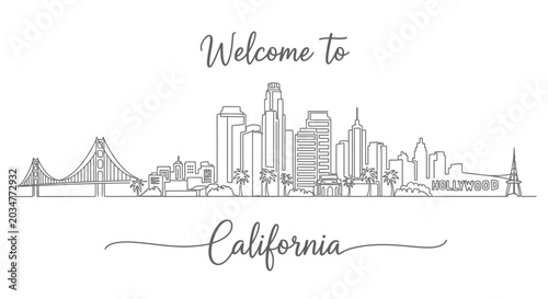 California Skyline Drawing: Welcome Message, Linear Illustration