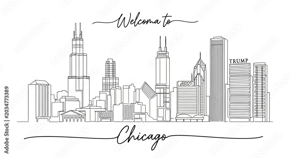 Naklejka premium Chicago Skyline Line Art - Welcome to Chicago Cityscape Drawing