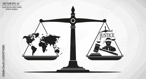 Foto Scales of justice balancing global world map and legal gavel concept