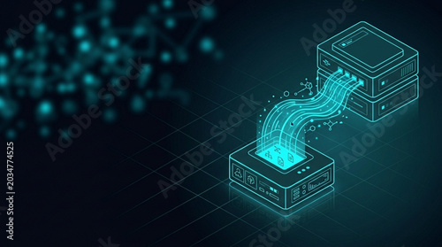 Digital blockchain technology concept with glowing blue data cubes and futuristic network flow
