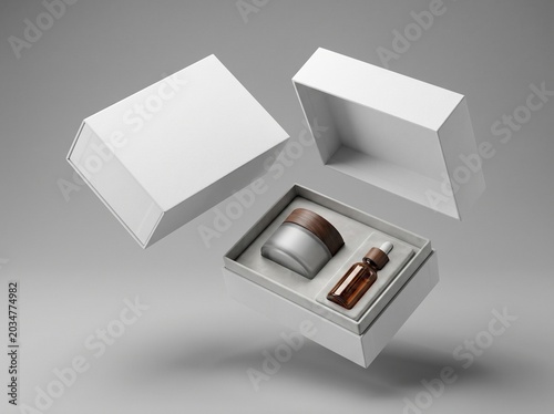 Elegant white rigid packaging box mockup showcasing premium cosmetic jar and serum dropper bottle, perfect for beauty brand product presentation and modern skincare marketing