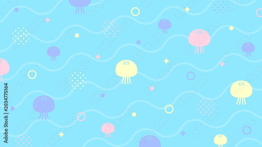 Obraz premium クラゲ 海 かわいい ポップ 夏 配信 サムネイル バナー デザイン 背景 イラスト 