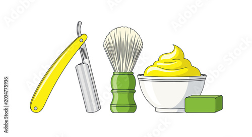 Fotografía Vintage Shaving Tools: Straight Razor, Brush, Lather Bowl, and Soap