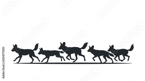 Fotografie Silhouette of a pack of African wild dogs running together.