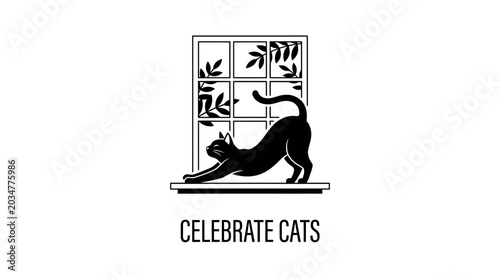 Tableau sur toile A silhouette illustration of a black cat stretching on a window sill