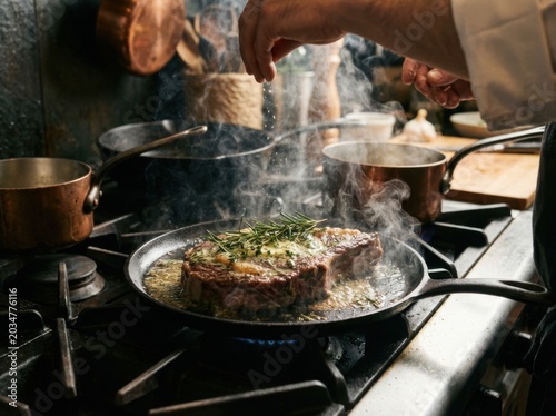 Culinary artistry unfolds as a skilled chef expertly sears a prime cut of beef in a sizzling cast iron skillet, releasing aromatic steam and fragrant herbs over a gas stovetop, evoking