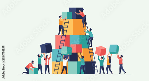 Teamwork Building Colorful Cubes, Collaboration Concept