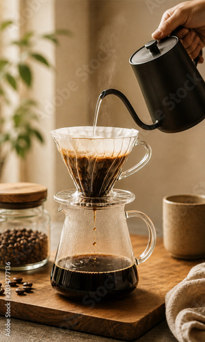 A hand pouring hot water from gooseneck kettle into a glass coffee dripper, fresh coffee dripping down into a glass server.