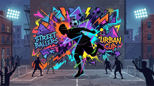 Urban soccer, street football, graffiti illustration, city sports, athletic silhouette