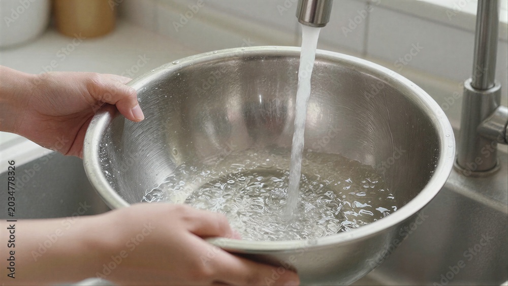 Fototapeta premium Hands fill a metal bowl with running water from a kitchen faucet.
