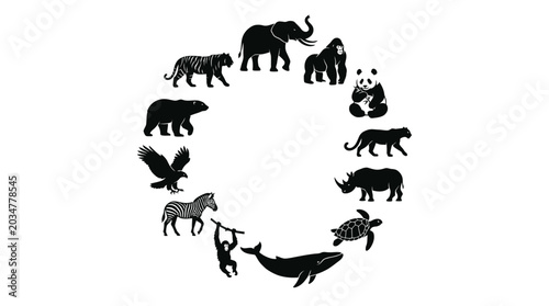 Photography Circular composition of diverse wild animal silhouettes arranged in a ring