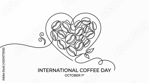 Tableau sur toile International Coffee Day concept with heart shape made of coffee beans in continuous line drawing style