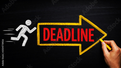 Deadline Time Management Concept with Running Business Symbol and Urgent Productivity Direction on Blackboard