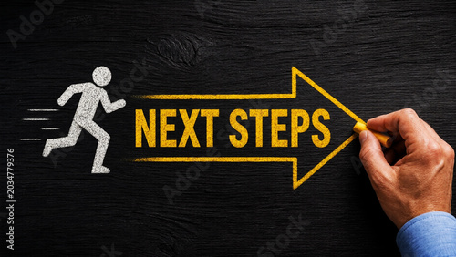 Next Steps Business Strategy Concept with Running Symbol and Future Goal Direction on Blackboard Background