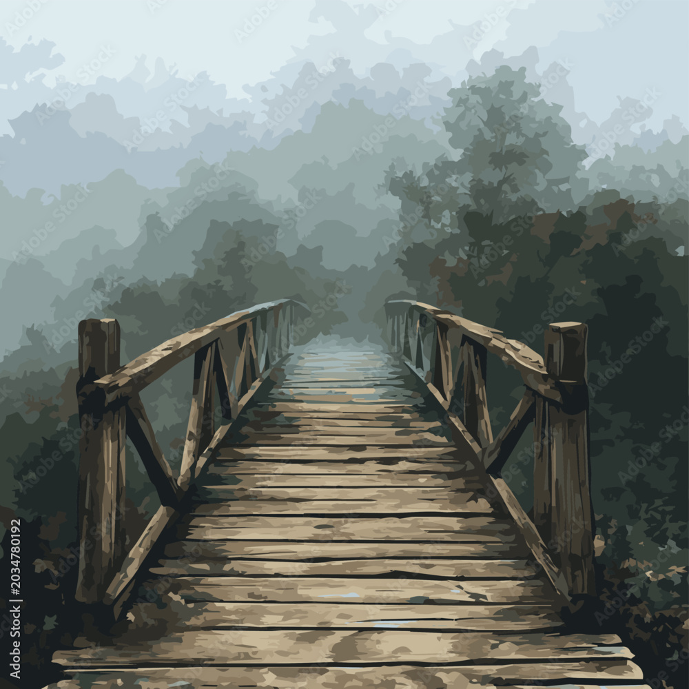 Obraz premium A serene wooden bridge enveloped in fog, leading into a mysterious forest, perfect for tranquil nature imagery.