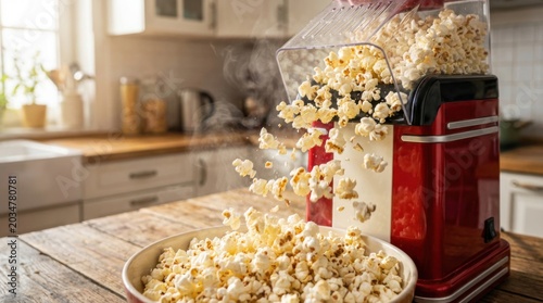 A vintage red popcorn maker enthusiastically pops kernels, showering a rustic wooden table with freshly made, aromatic snacks, perfect for movie nights and family gatherings in a cozy home