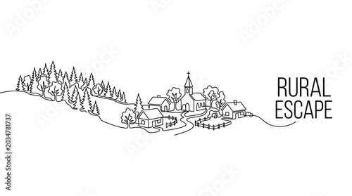 Quadro su tela Hand drawn illustration of a quaint rural village landscape.
