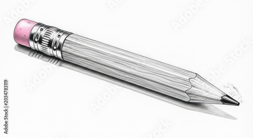 Shiny Metallic Silver Pencil with Pink Eraser Isolated on White.