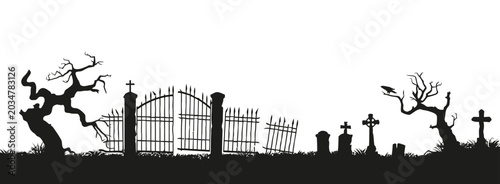 Spooky Graveyard Silhouette with Haunted Gates and Twisted Trees