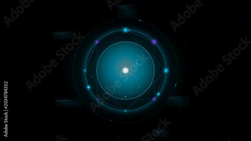 Glowing blue light forms concentric circles with radiant dots on dark background